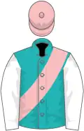 Emerald green, pink sash, white sleeves, pink cap
