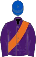 Purple, orange sash, royal blue cap