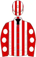 Red and white stripes, red sleeves, white spots
