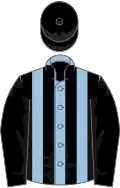 Light blue and black stripes, black sleeves and cap