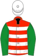 Scarlet and white hoops, green sleeves, white cap