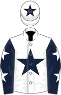 White, dark blue star, dark blue sleeves, white stars, white cap, dark blue star