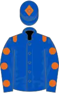 Royal blue, orange epaulets, royal blue sleeves, orange spots, royal blue cap, orange diamond