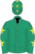 Emerald green, yellow stars on sleeves and cap