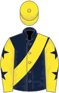 Dark blue, yellow sash, yellow sleeves, dark blue stars, yellow cap