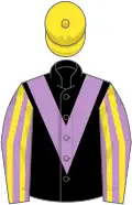 Black, mauve chevron, mauve and yellow striped sleeves, yellow cap