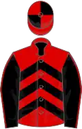 Red, black chevrons, black sleeves, red seams, red and black quartered cap