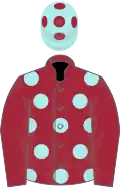 Maroon, pale blue spots, maroon sleeves, pale blue cap, maroon spots