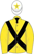 Yellow, black cross sashes, white cap, yellow star