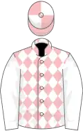 Pink, white diamonds and sleeves, quartered cap
