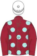 Maroon, pale blue spots, maroon sleeves, white cap
