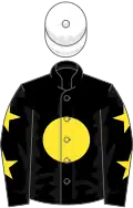 Black, yellow disc, black sleeves, yellow stars, white cap