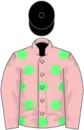 Pink, light green spots, pink sleeves, black cap