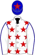 White, red stars, blue seams on sleeves, blue cap, red star