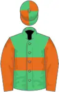 Emerald green, orange hoop, orange sleeves, quartered cap