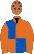 Orange and royal blue quartered, orange sleeves, royal blue diamonds on cap