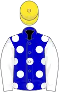 Blue, white spots and sleeves, yellow cap