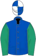 ROYAL BLUE, emerald green sleeves, royal blue and white quartered cap