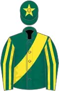 Dark green, yellow sash, striped sleeves and star on cap