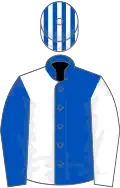 ROYAL BLUE and WHITE HALVED, sleeves reversed, striped cap