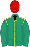 Emerald green, yellow seams, green sleeves,red cap