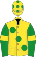Yellow, large green spots, green sleeves, yellow armlets, yellow cap, green spots