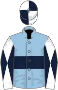 Light blue, dark blue hoop, white sleeves, dark blue diabolo, white and dark blue quartered cap