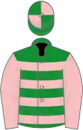 Green and pink hooped, pink sleeves, quartered cap