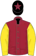 Maroon, yellow sleeves, black cap, maroon star