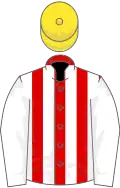 Red and white stripes, white sleeves, yellow cap