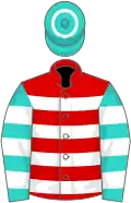 Red, White hoops, Turquoise sleeves, White hoops, Turquoise cap, White hoop