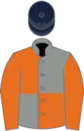 Grey and orange (quartered), orange sleeves, dark blue cap