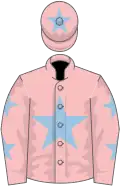 Pink, light blue star, pink sleeves, light blue stars, pink cap, light blue star
