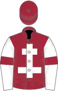Maroon, white cross of lorraine, white sleeves, maroon armlets