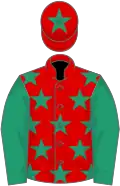 Red, emerald green stars, sleeves and star on cap