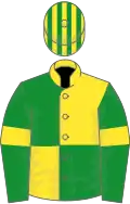 Yellow and green (quartered), green sleeves, yellow armlets, striped cap