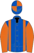 Royal blue, orange braces and sleeves, quartered cap