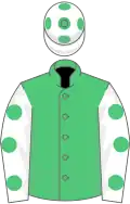 Emerald green, white sleeves, em green spots, white cap, em green spots