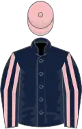 Dark blue, pink striped sleeves, pink cap