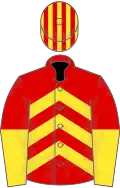 Red, yellow chevrons, halved sleeves, striped cap