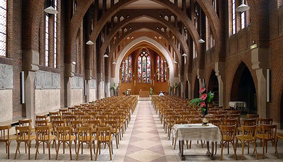 Brick and stone arches of Chapel interior, facing choir