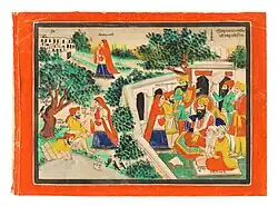 Painting depicting Guru Ram Das and the story of Dukh Bhanjani - the leper husband of Bibi Rajani was cured by taking a dip in the pond. Attributed to Gian Singh Naqqash. Opaque watercolour on paper, Amritsar, early 20th century