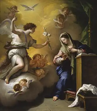 The Annunciation by Paolo de Matteis, 1712, Saint Louis Art Museum, Saint Louis. The white lily in the angel's hand is symbolic of Mary's purity[n 3] in Marian art.[14]