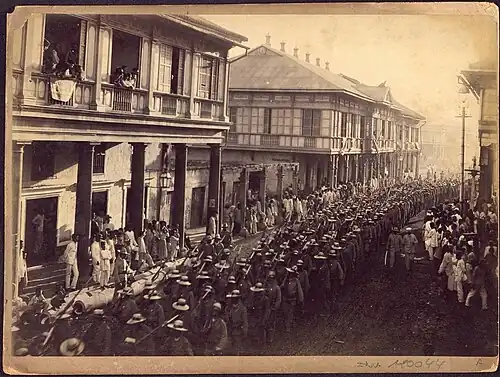 Parade of Soldiers at Calle San Sebastian (now Hidalgo Street), Manila