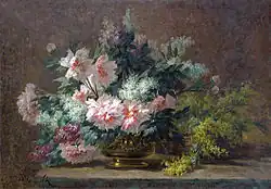 Pivoines et mimosa dans un vase en cuivre, oil on canvas, 114 x 163 cm