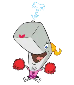 A grey excited cartoon whale with a red heart nose, a slash of water coming up from her blowhole, and a yellow ponytail on the back of her head wears a pink dress and holds red pom-poms.