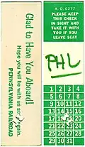 Pennsylvania Railroad passenger seat check, c. 1960