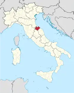 Map highlighting the location of the province of Pesaro e Urbino in Italy