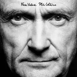 A monochrome close-up image of Phil Collins at an older age and in the same position as its original cover.