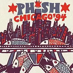 Stylized drawing of the Chicago skyline, with several fish at and below street level